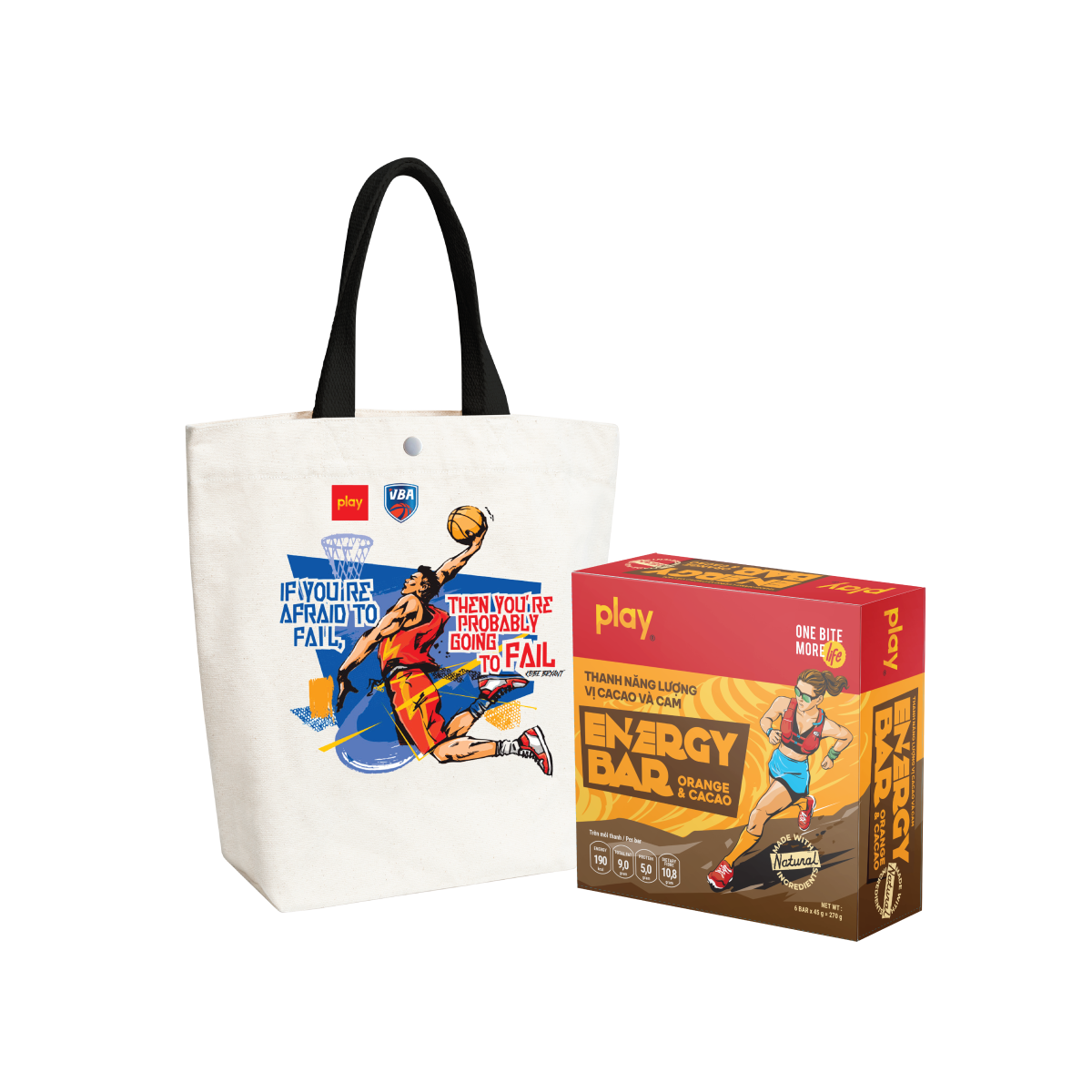 Combo Túi Tote Bóng rổ & Hộp 6 Thanh Năng Lượng PLAY