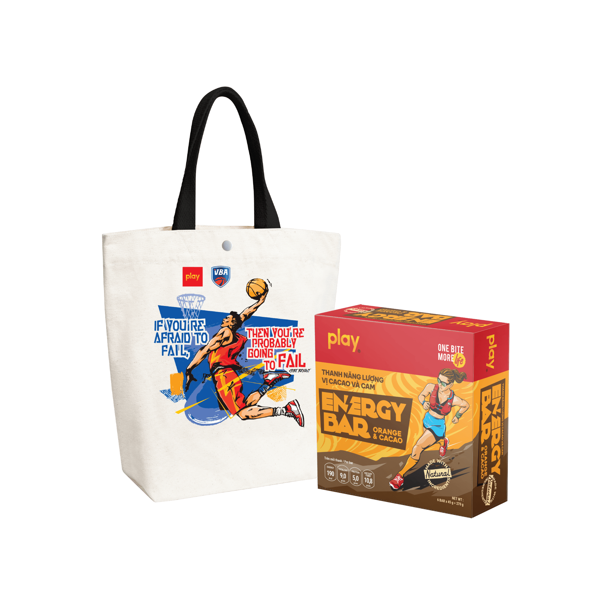 Combo Túi Tote Bóng rổ & Hộp 6 Thanh Năng Lượng PLAY
