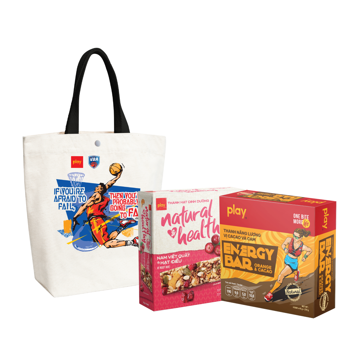 Combo Túi tote PLAY bóng rổ + Hộp 6 Thanh hạt PLAY + Hộp 6 Thanh năng lượng PLAY 2.0