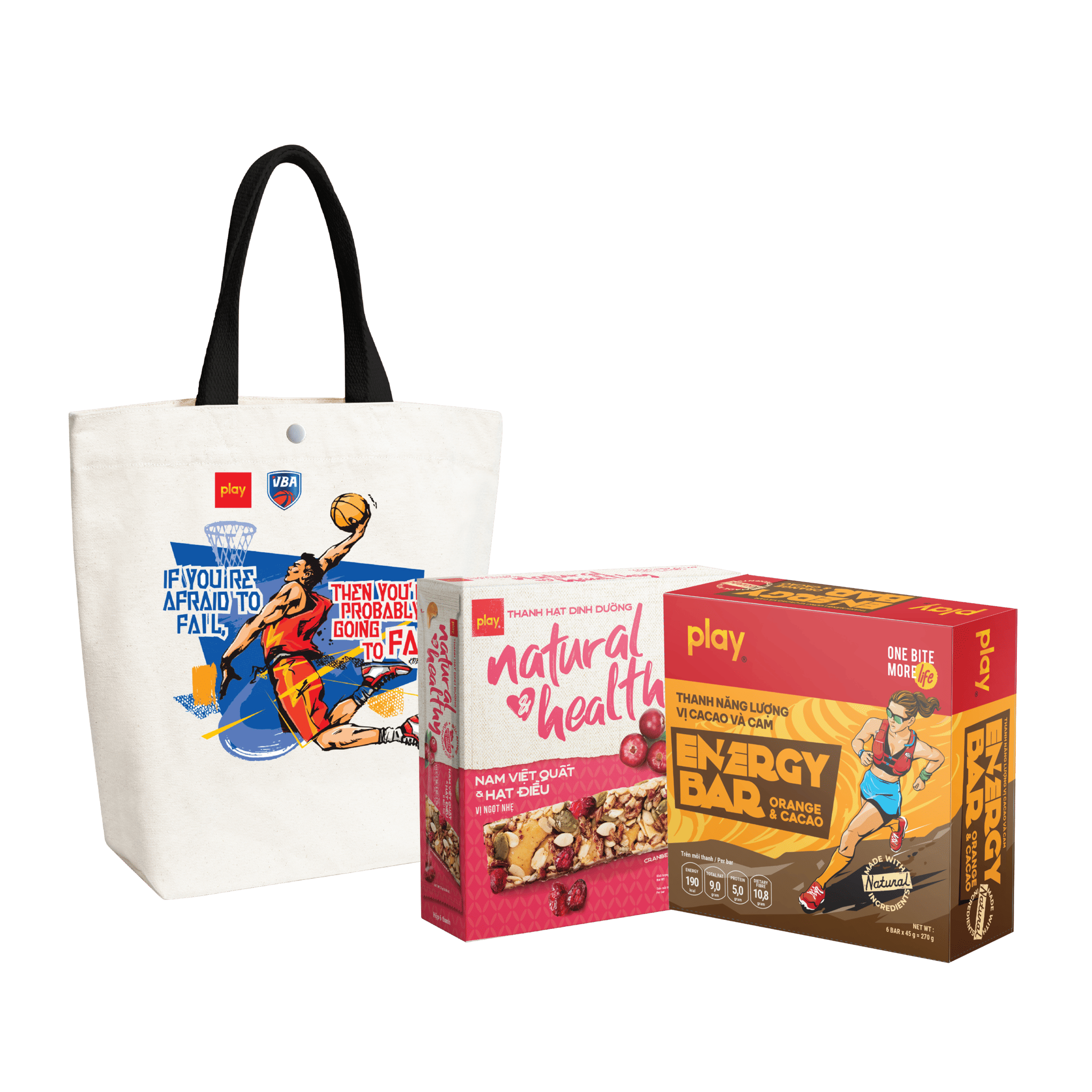 Combo Túi tote PLAY bóng rổ + Hộp 6 Thanh hạt PLAY + Hộp 6 Thanh năng lượng PLAY 2.0