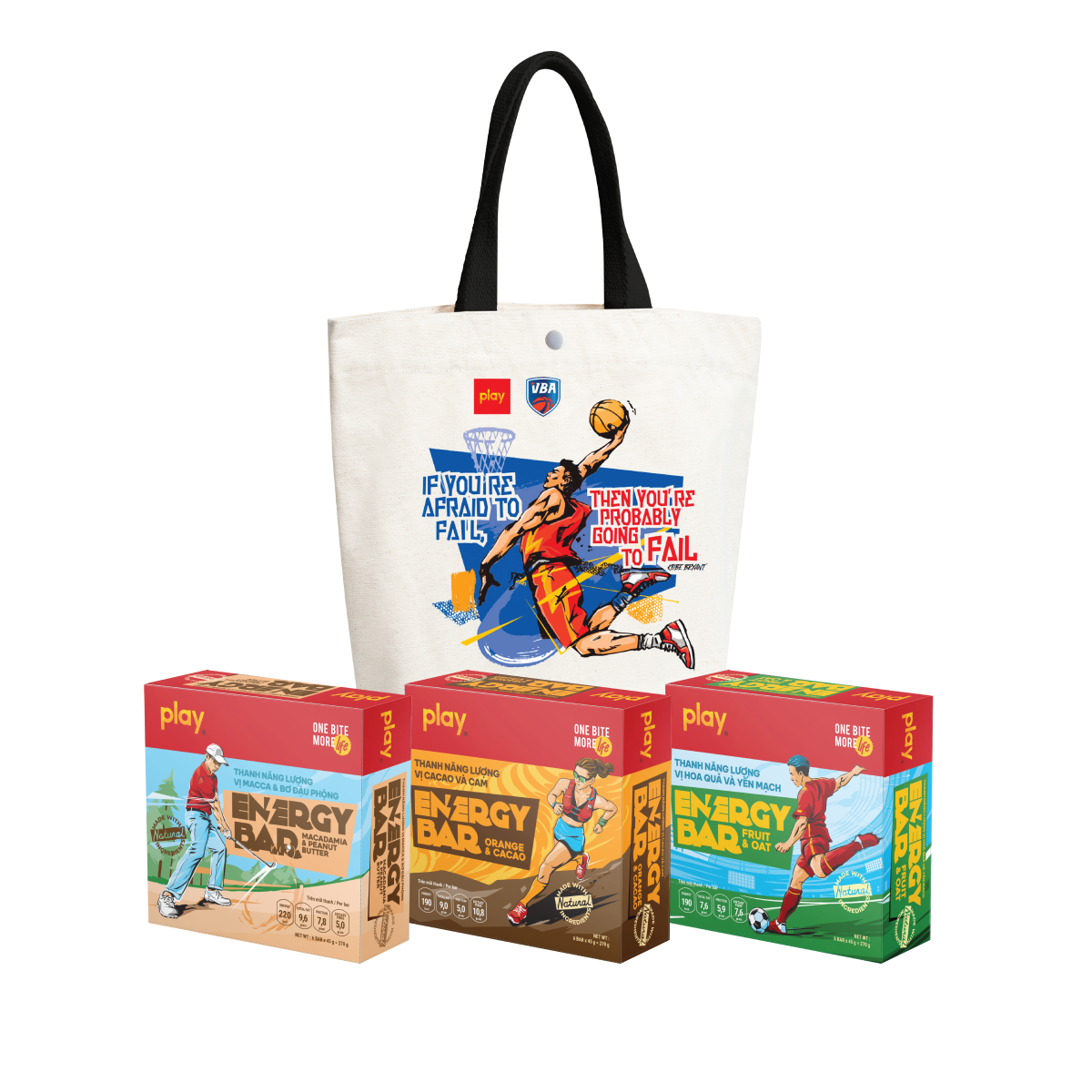 Combo Túi vải canvas PLAY bóng rổ + 3 Hộp 6 Thanh năng lượng PLAY 2.0