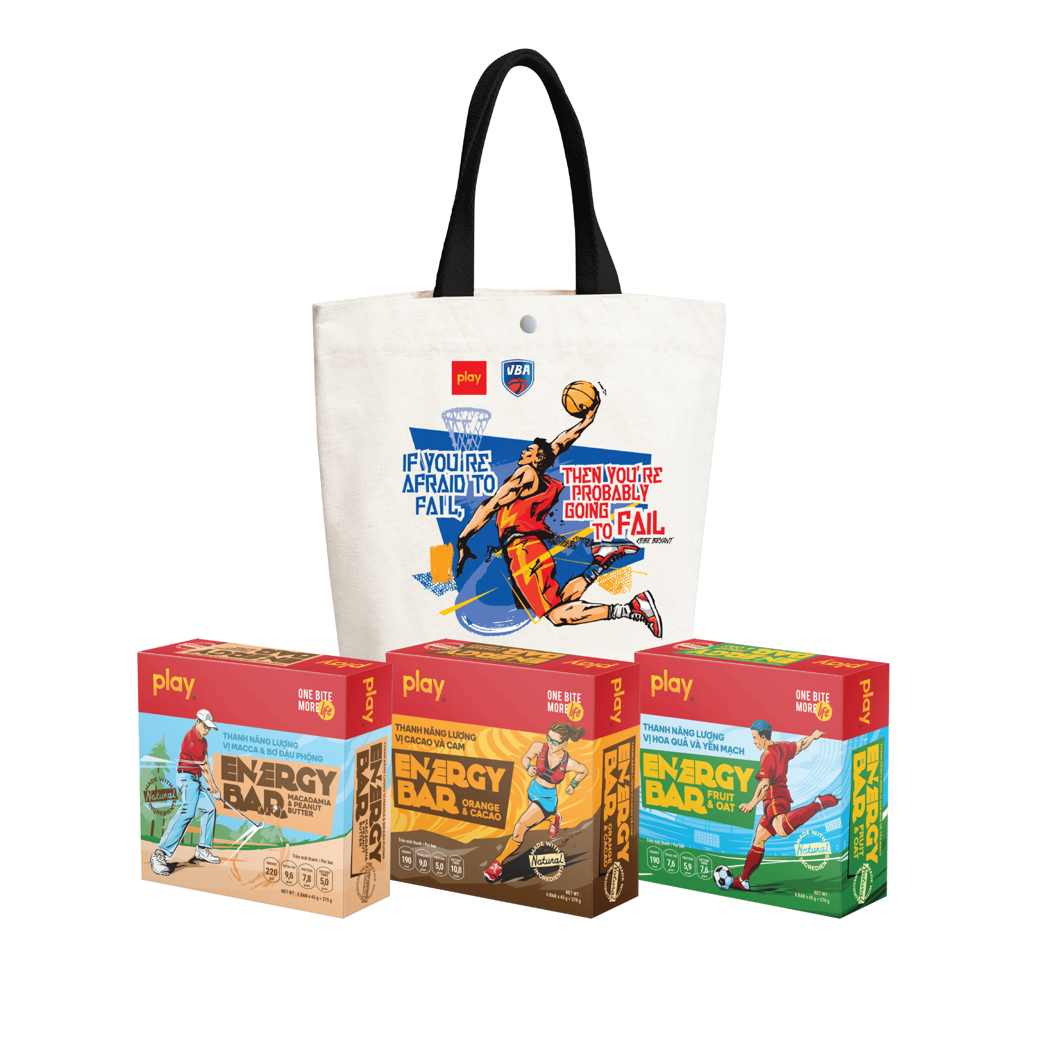 Combo Túi vải canvas PLAY bóng rổ + 3 Hộp 6 Thanh năng lượng PLAY 2.0