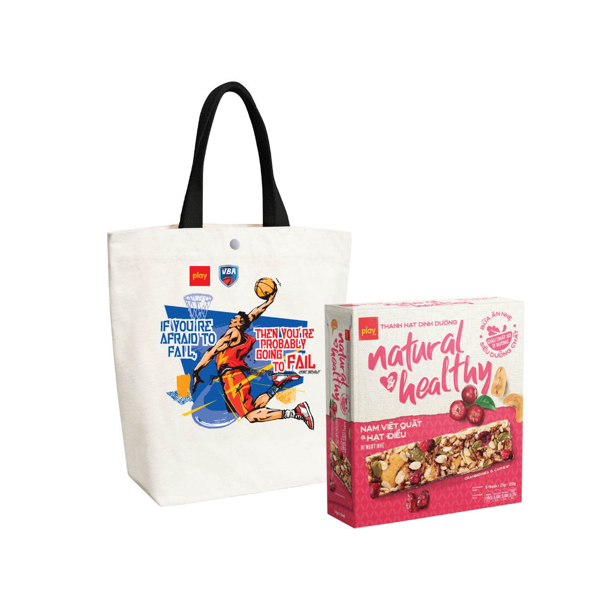 Combo Túi vải canvas PLAY bóng rổ + 1 hộp 6 Thanh hạt dinh dưỡng PLAY