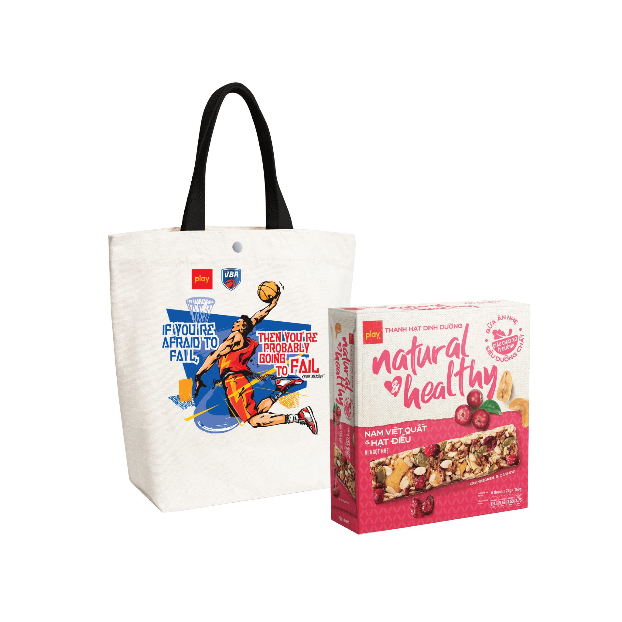 Combo Túi vải canvas PLAY bóng rổ + 1 hộp 6 Thanh hạt dinh dưỡng PLAY