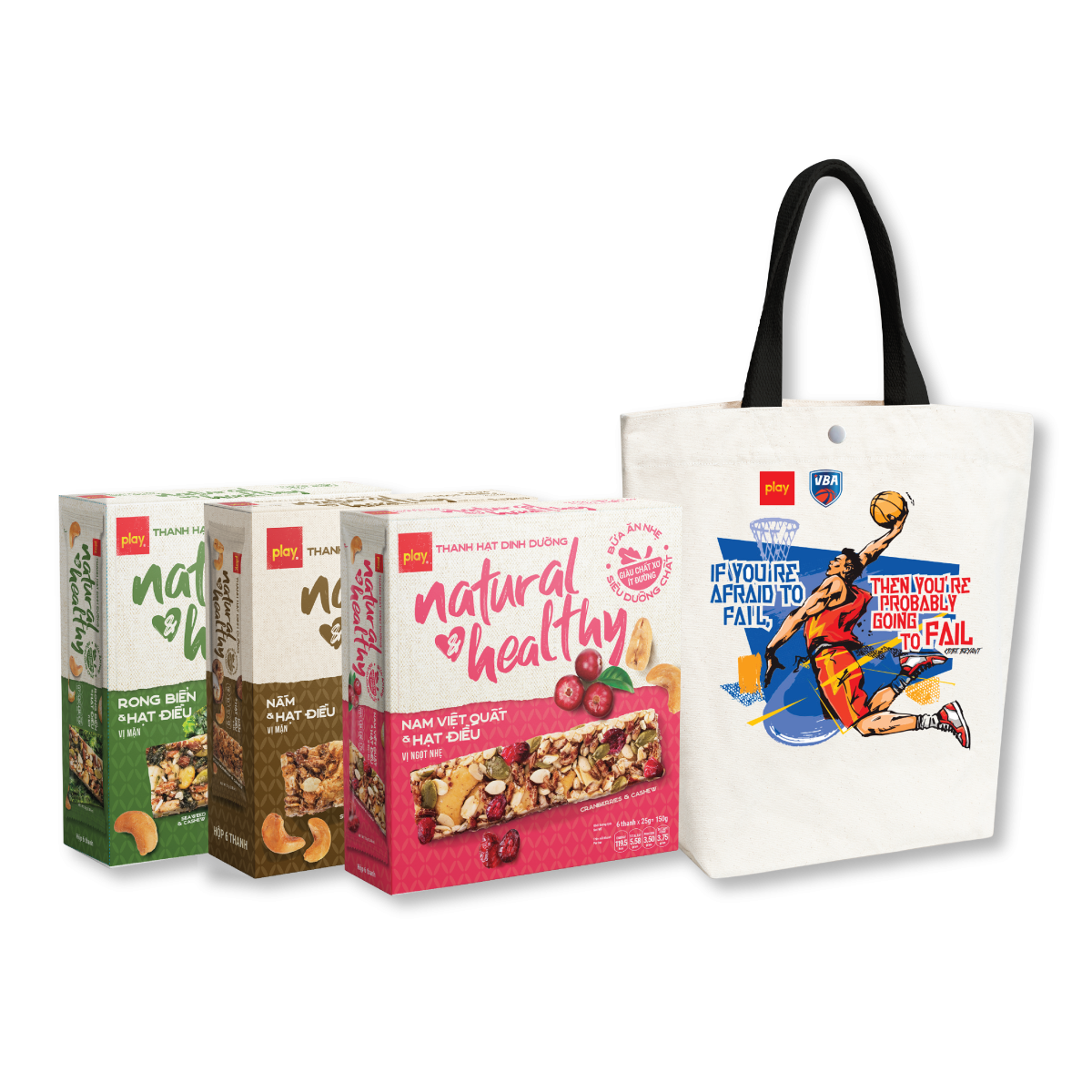 Combo Túi vải canvas PLAY bóng rổ + 3 hộp Thanh hạt dinh dưỡng PLAY mix vị
