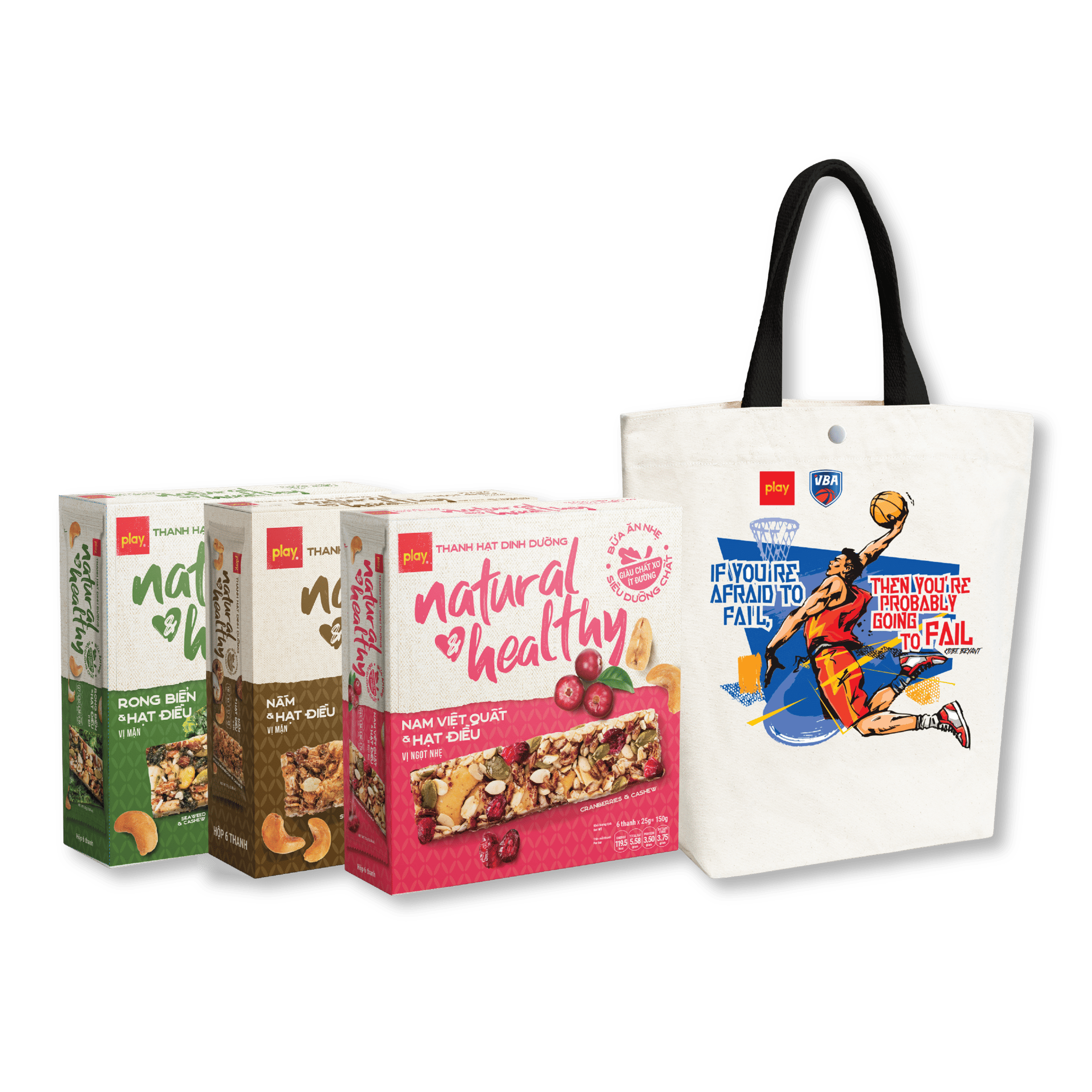 Combo Túi vải canvas PLAY bóng rổ + 3 hộp Thanh hạt dinh dưỡng PLAY mix vị