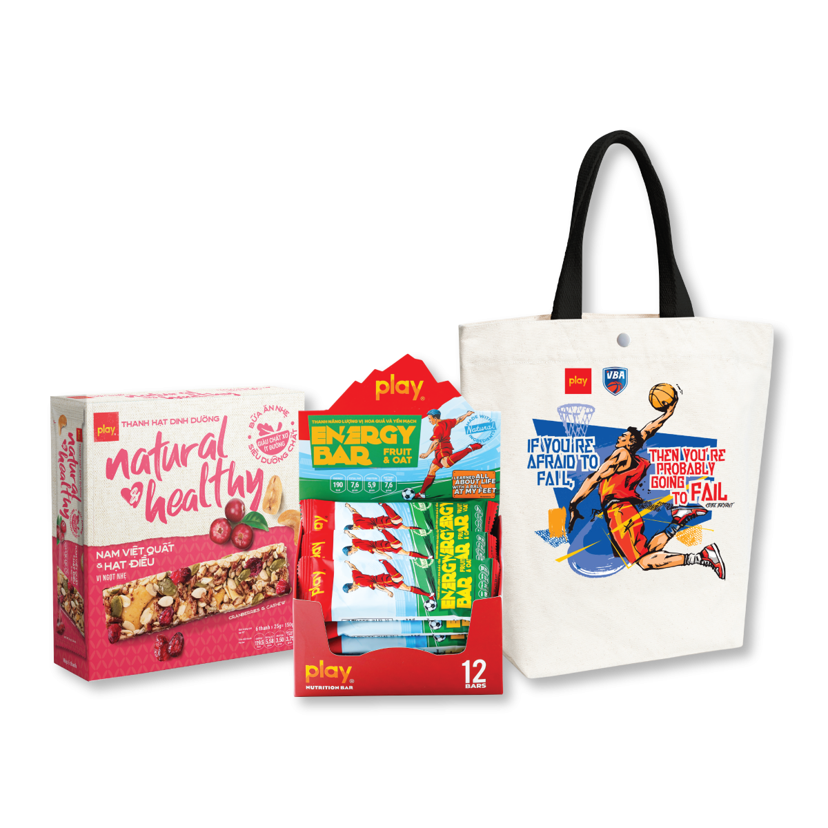 Combo Túi tote PLAY bóng rổ + Hộp thanh hạt dinh dưỡng PLAY + Hộp 12 Thanh năng lượng PLAY 2.0