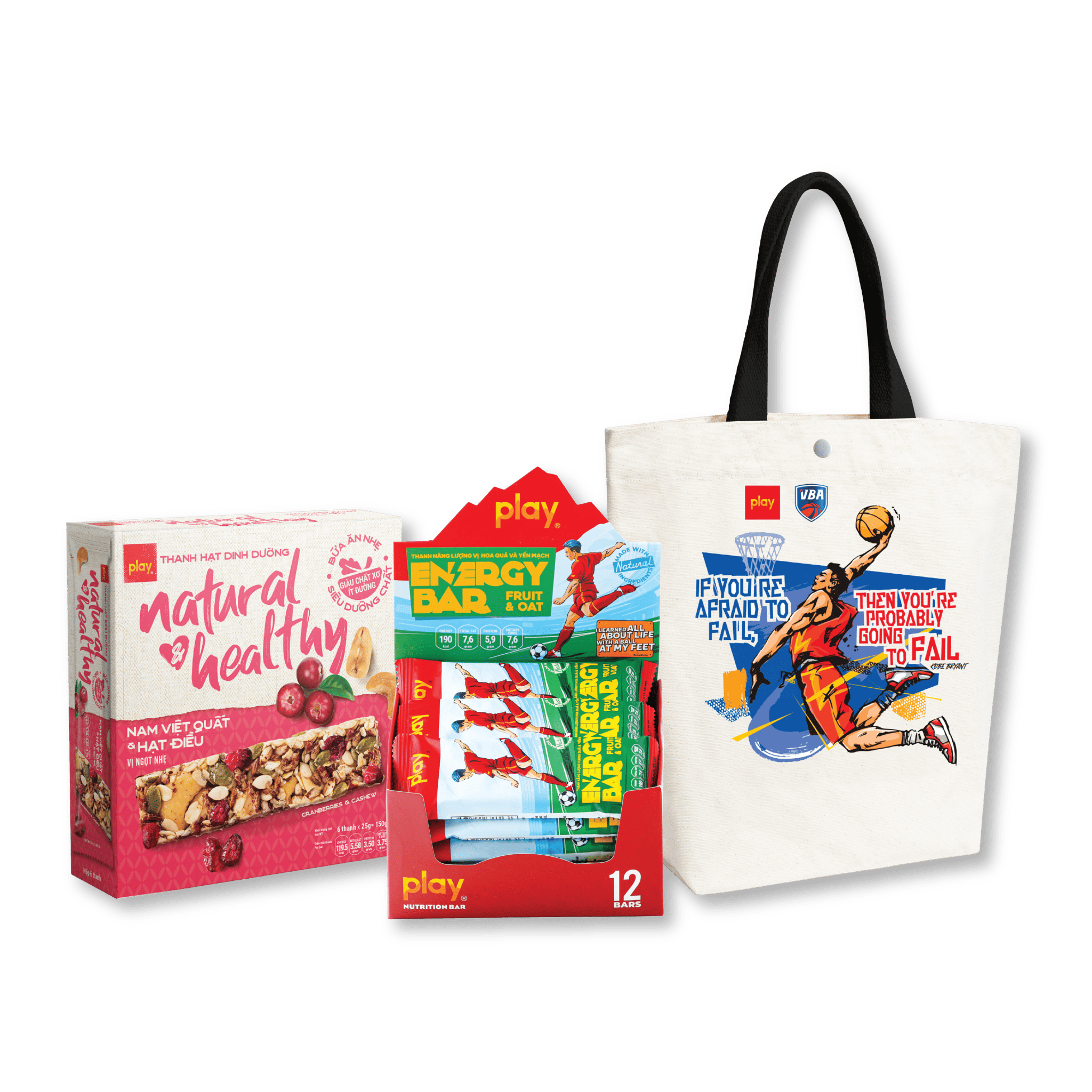 Combo Túi tote PLAY bóng rổ + Hộp thanh hạt dinh dưỡng PLAY + Hộp 12 Thanh năng lượng PLAY 2.0