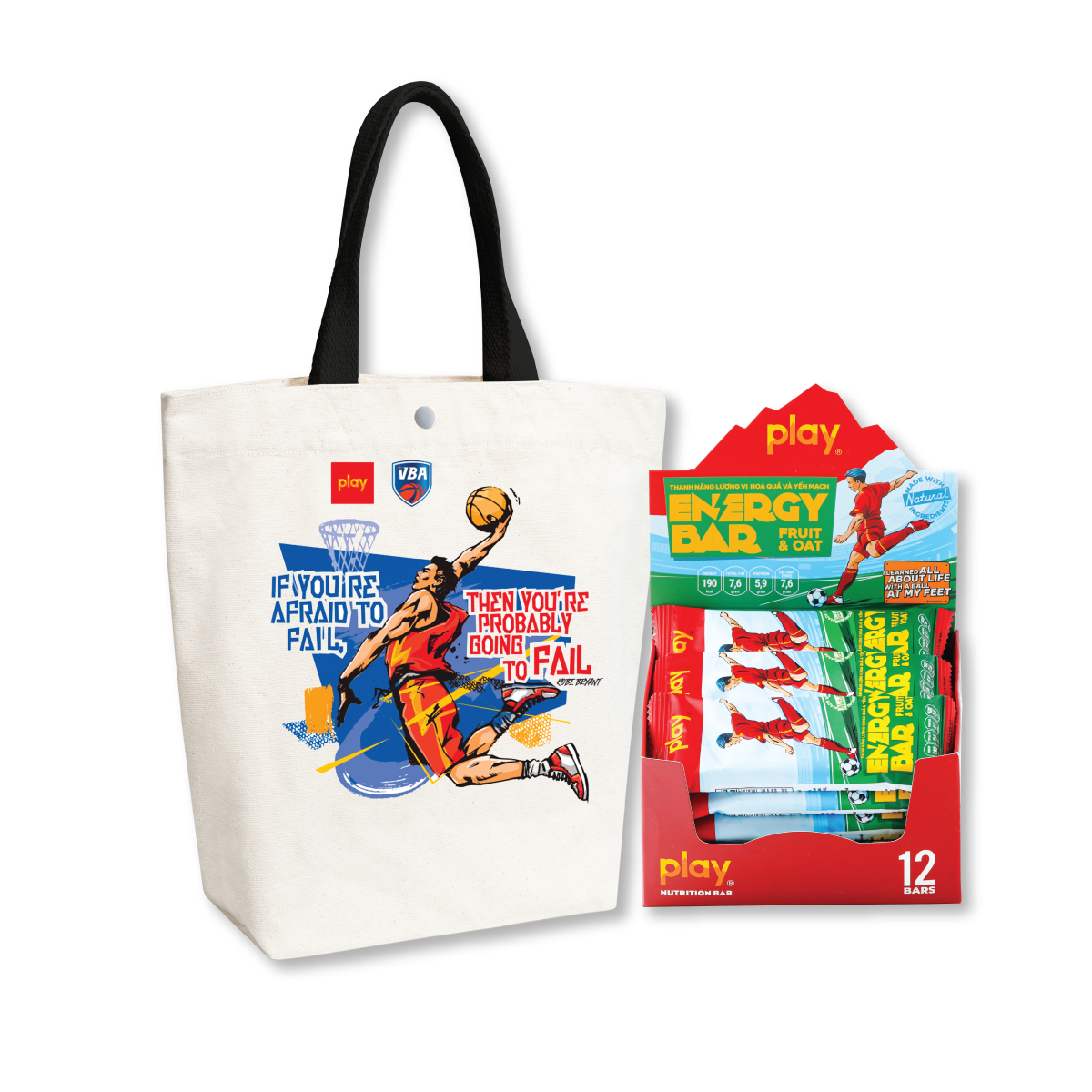Combo Túi vải canvas PLAY bóng rổ + Hộp 6 Thanh năng lượng PLAY 2.0